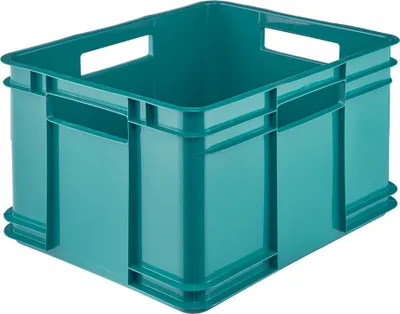 A teal plastic storage box is shown against a white background.