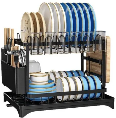 Produktbild von Kohlenstoffstahl-Afwasrek - Multifunktional - Mit drehbarer Abwasserabfuhr - Mit Leckbügel - Für die Aufbewahrung von Küchengeschirr - 42 x 30 x 29 cm - Schwarz