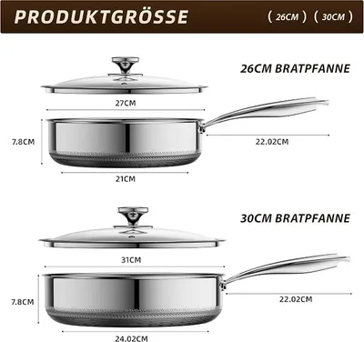 Produktbild von ZEROPAN Edelstahl Bratpfanne Antihaft Pfanne mit Deckel Induktion 26 cm