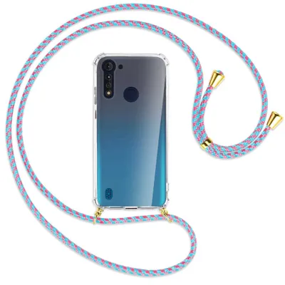Produktbild von Handykette Backcover-Schutzhülle mit Band (Metall goldfarben) für Motorola Moto G8 Power Lite - pink/mint