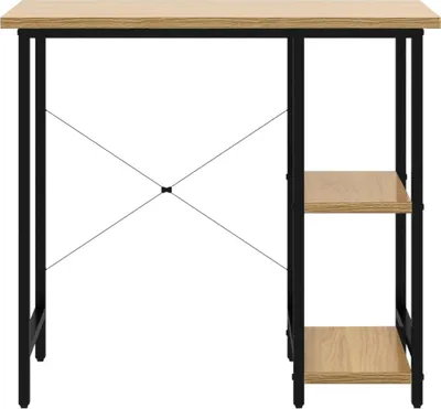 A simple desk with shelves against a white background.