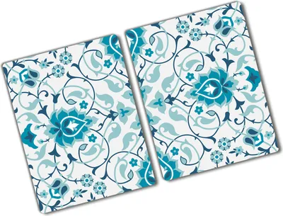 Produktbild von Tulup Glas Herdabdeckplatte - 2x40x52 cm - Glaskeramikkochfeld-Abdeckung Spritzschutz Glasabdeckplatte Kochplattenabdeckung und Schneidebrett - Zweiteilig - Blumen & Pflanzen - Arabisches Muster - Blau