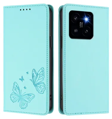 Obrázek produktu pro Kožené pouzdro pro Xiaomi 14 Pro, motýlí ražbou, peněženkové flip pouzdro se stojánkem Mátově zelená