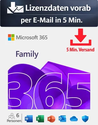 Produktbild von Microsoft 365 Family (6 User/Device - 1 Jahr) ESD Büro Business 5 Min. Versand als Download per Mail