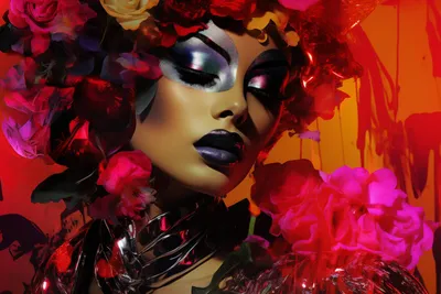 Produktbild von Plakat Blumen Diva: Abstraktes Gesicht mit Blumen, metallische Violett-Akzente, 30x20cm