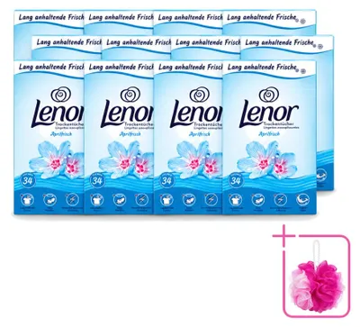 Imagen del producto de 12 paquetes de toallitas para secadora Lenor, aroma "Aprilfrisch" - 34 unidades - Paquete económico - 12 unidades por paquete