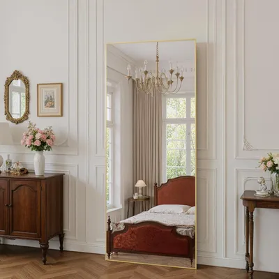 Obrázok produktu pre Zrkadlo celé telo, 180 x 76 cm, stojace, vyrobené z hliníkovej zliatiny, zlatá farba, vhodné na postavenie alebo opretie