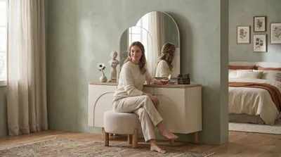 Immagine prodotto di Comò da trucco con specchio, legno beige, vetro, design moderno, tavolino da trucco