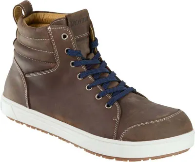 A single brown high-top shoe with blue laces and a white sole, presented on a white background.