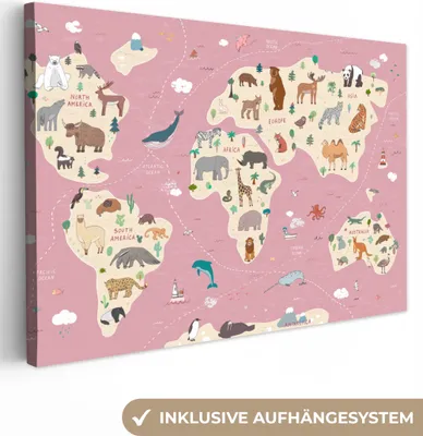 Produktbild von MuchoWow® - Leinwandbilder - Weltkarte Kinder - Tiere - Erde - Jungen - Mädchen - Rosa, Wandbild, Wanddeko Bilder Wohnzimmer, 120x80 cm