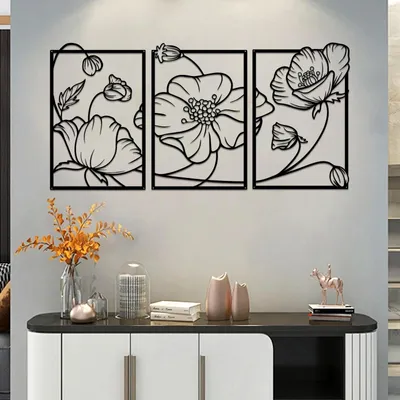 Produktbild von 3 Stück Schwarze Metall Wanddekoration Blumen-Skulpturen