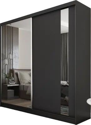 A black sliding door wardrobe with mirrored doors, reflecting a bedroom interior.