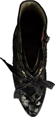 A top-down view of a black floral patterned boot with a metallic sheen and a black ribbon bow.
