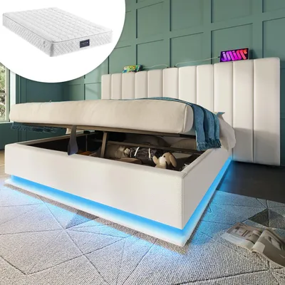 Produktbild von Polsterbett 160×200, Doppelbett Stauraumbett mit App Control LED ,PU, Weiß, Mit Matratze, Ohne Nachttisch