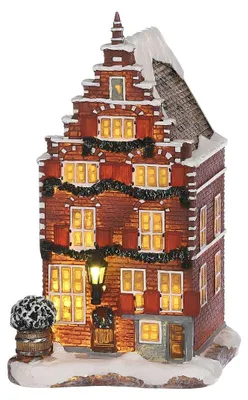 Productafbeelding van Luville Kerstdorp Miniatuur Grachtenpand - Kerstversiering en Guirlande Details voor een Sfeervolle Decoratie - Kerst Decoratie voor Binnen - L10,5 x B11,5 x H18,5 cm - Bruin