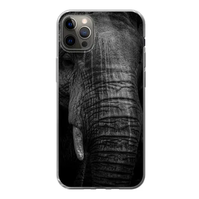 Produktbild von MuchoWow® Handyhülle Schutzhülle Hülle für iPhone 12 Pro Max Elefant auf schwarzem Hintergrund in schwarz und weiß Silikon Softcase Handy Hülle - Hartschale