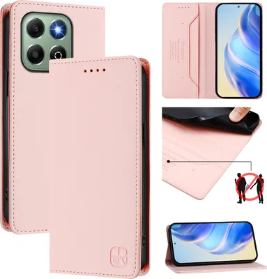 Obrázek produktu pro Kožené pouzdro pro Honor X6b/Honor X6a, flipové pouzdro s přihrádkami na karty, peněženkou a stojánkem Růžový