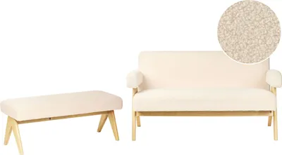 Zdjęcie produktu dla BELIANI Komplet wypoczynkowy złamana biel z jasnobrązowym boucle sofa i ławka retro do salonu drewniane nogi