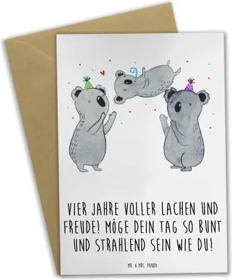 Produktbild von Mr. & Mrs. Panda Klappkarte 4. Geburtstag Freude - Weiß - Geschenk, weihnachtskarten, strahlender Tag, Happy Birthday, dankeskarten, babykarte, einladungskarten, Alter