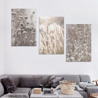 Productafbeelding van Ibenzoa® 3-delige set canvasprints met pampasgras – Beige wanddecoratie op hoogwaardig canvas, geurloze inkt, waterbestendig, zonder frame
