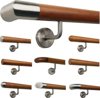 Produktbild von TIBU Kambala Handlauf Holz Ø 42 mm gewinkelte Edelstahlhalter, Länge 410 cm mit 5 Halter und Ende Edelstahlecke