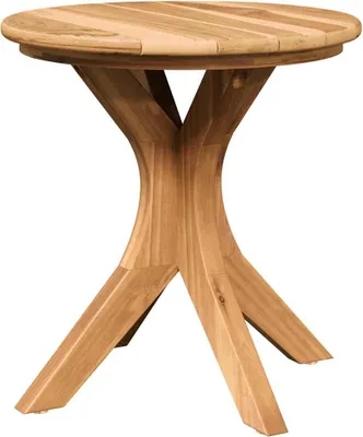 A wooden table with a unique base.