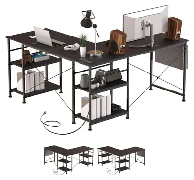 Produktbild von ZELUEXX L-förmiger Schreibtisch mit Rollen, Ablagefach, 3 Steckdosen, 2 USB-Anschlüssen und wasserabweisender Tischplatte, Schwarz
