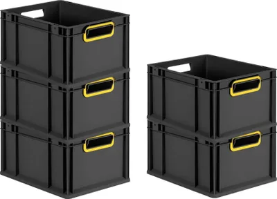 Produktbild von SparSet 5x Eurobox NextGen Color | HxBxT 22x30x40cm | 20 Liter | Griffe gelb offen | Schwarz | Eurobehälter, Transportbox, Transportbehälter, Stapelbehälter