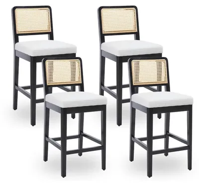 Immagine prodotto di Set di 4 sgabelli con schienale in rattan e gambe in legno, rivestimento in lino, color beige