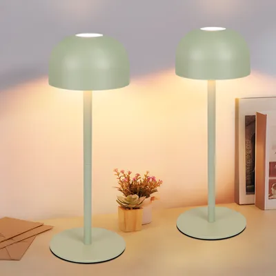 Two green LED table lamps on a desk with some books and envelopes.