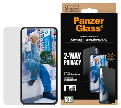 Obrázok produktu pre PanzerGlass ® 2-Way Privacy Screen Protector Samsung Galaxy A37 5G | Ultra-Wide Fit w. EasyAligner, Samsung, Samsung - Galaxy A37 5G, Suché aplikovanie, Odolné proti poškriabaniu, Odolný proti nárazom, Priehľadná, 1 kusov