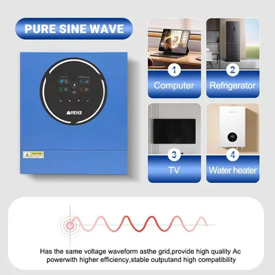Immagine prodotto di Inverter ibrido solare - ANJ-5KW-48V-WiFi - 5 kW - Batteria 48 V - Uscita 230 V - Onda sinusoidale pura - MPPT 120 A, 60–500 V - WiFi integrato