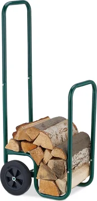Produktbild von Relaxdays Kaminholzwagen, 2 Gummireifen, Holzwagen bis 60 kg, für gängige Holzscheite, Brennholz-Sackkarre, Stahl, grün