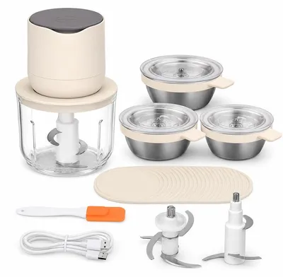 Produktbild von Kabelloser Mini-Zerkleinerer 4-in-1, Elektrischer Zerkleinerer, 600ml Glas + 3x240ml Edelstahl, 3+4 Klingen, USB-C, 3000mAh – für Fleisch, Gemüse