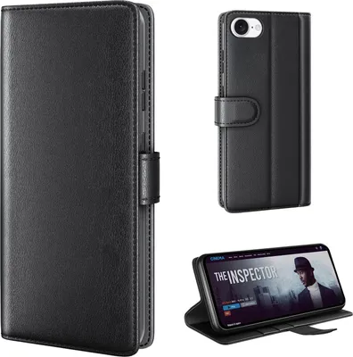Produktbild von Echtleder Handyhülle für Apple iPhone 17e Lederhülle Cover Case Tasche Klapphülle Fliphülle Leder Hülle Farbe: Schwarz