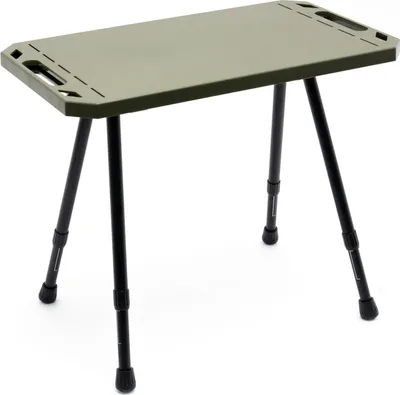 A dark green folding table with black adjustable legs on a white background.