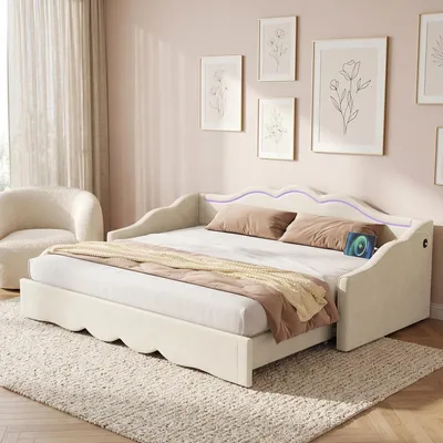 Produktbild von Daybett 90x200 ausziehbar auf 180x200 cm Polsterbett Beige Samt mit LED-Beleuchtung & USB/Type-C Ladeanschluss, Multifunktionales Gästebett & Schlafsofa