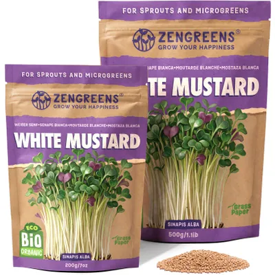 Zdjęcie produktu dla ZenGreens® Eko Nasiona na Kiełki Gorczyca Biała 500 g – Kiełki i Mikroliście