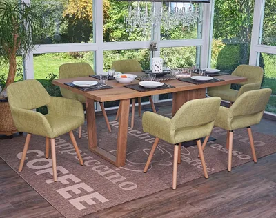 Immagine prodotto di set di 6 sedie per sala da pranzo HWC-A50 II, sedia da cucina, design retrò anni '50 ~ tessuto, verde chiaro, gambe chiare