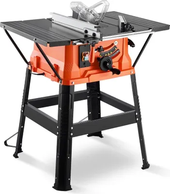 Obrázek produktu pro Přenosná 1800W stolní pila se stojanem - Kompaktní s vnějším průměrem pilového kotouče 254 mm a maximální řeznou kapacitou 200 mm - Rychlost řezání 4800 otáček za minutu - Pilový kotouč s 24 zuby - Ideální pro kutilské zpracování dřeva a výrobu nábytku