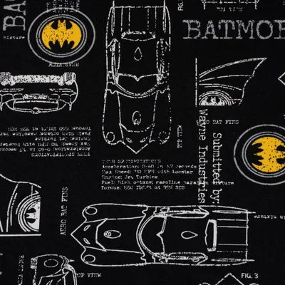 Produktbild von Baumwolljersey Stoff Meterware Batman Auto schwarz weiß gelb 1,50m
