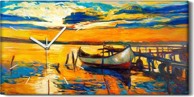 Produktbild von Wandkunst Leinwand Bild Uhr 60x30 Gemälde See Hafen Boot Himmel Sonnenuntergang - weiße Hände