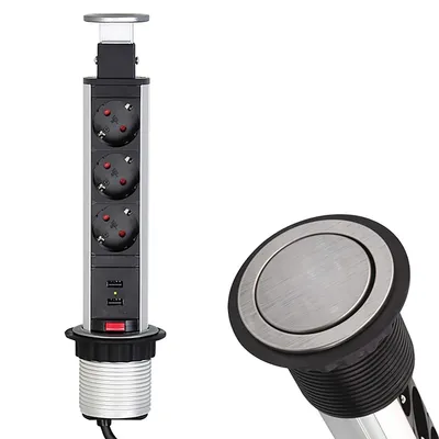Produktbild von DesignLight LIFTBOX Edelstahloptik mit 3x Schuko und 2x USB / versenkbare Möbelsteckdose / Mehrfachsteckdose