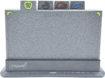 A knife block set with four different colored icons on top.