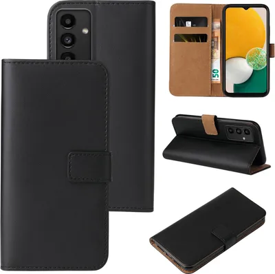 A collage of images showing a black flip phone case for a Samsung Galaxy A13 5G, including its interior card slots and stand function.