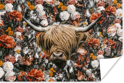 Produktbild von MuchoWow® Poster Schottischer Highlander - Blumen - Schwarz - Weiß 120x80 cm - Bilder
