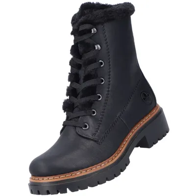 A black lace-up boot with faux fur trim.