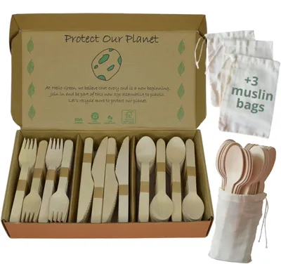 Produktbild von 300-teiliges Holzbesteckset mit Musselinbeuteln
