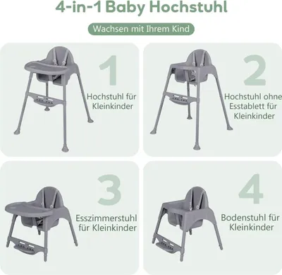 Image de Chaise haute 4 en 1 chaise haute bébé avec plateau amovible chaise haute bébé gris