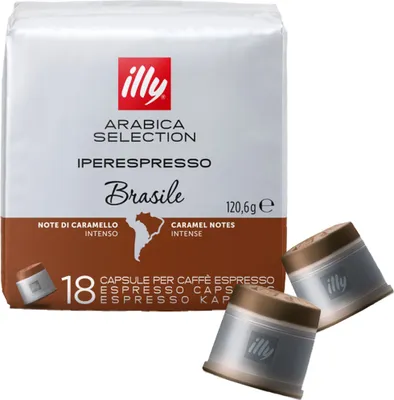 A package of Illy Iperespresso coffee capsules with two capsules shown in the foreground.